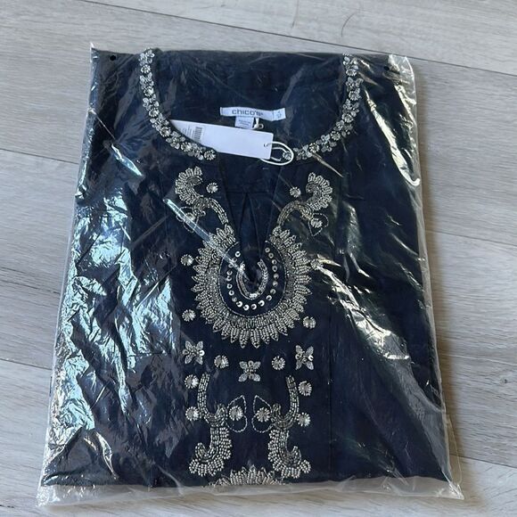 Chico’s Linen Embellished Navy Tunic Dress Classic Navy 4 NWT in packaging - Picture 6 of 8